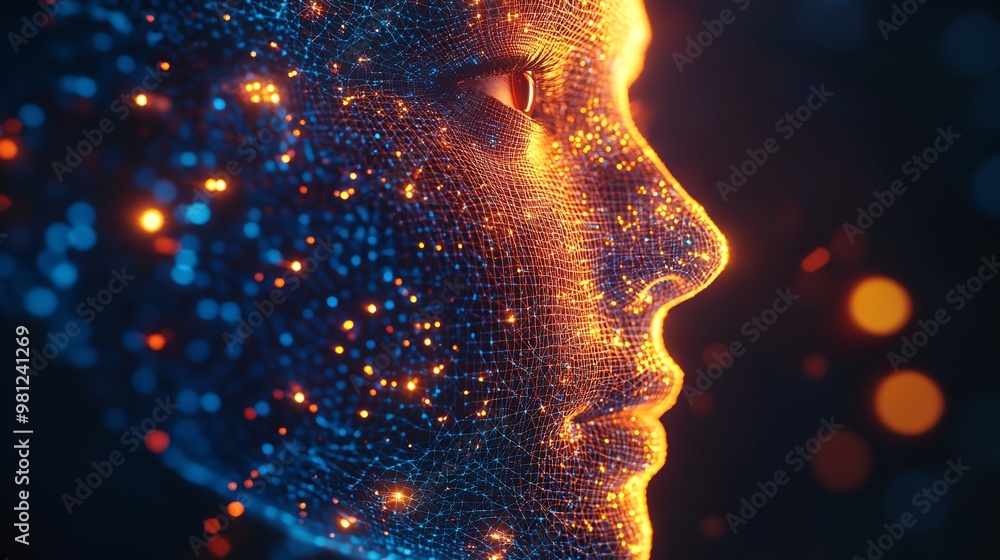 Aufkleber a woman's face is shown in a computer generated image with a blue eye and red lines. the image has a