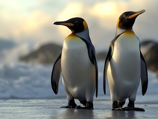 Fototapeta premium Penguin Pair Braving the Icy Artic Waters in Peaceful Coexistence