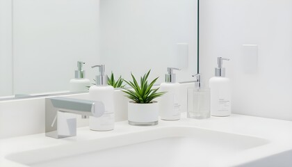 Fototapeta premium Stylish bathroom counter with neatly arranged toiletries, a small plant, and a decorative soap dispenser.