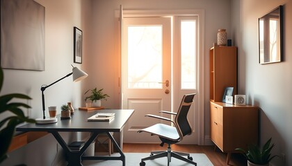 Chic home office with a sleek desk, an ergonomic chair, and a minimalistic desk lamp.