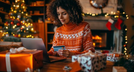 Woman is embracing the convenience of shopping online for gifts during the festive Christmas holiday season, celebrating the joy and traditions with family in the cozy comfort of her home