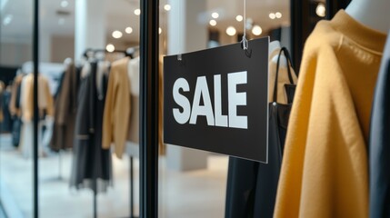 A fashion boutique storefront display with Black Friday sale decals in striking fonts, covering the glass windows and doors, surrounded by mannequins in trendy outfits.