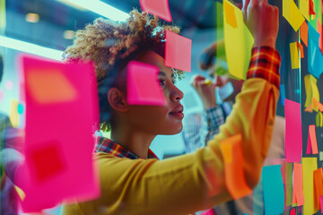 Creative brainstorming session with diverse professionals using colorful sticky notes