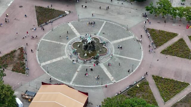 Drone view of The Neptune Fountain (Neptunbrunnen) in Berlin, Germany
