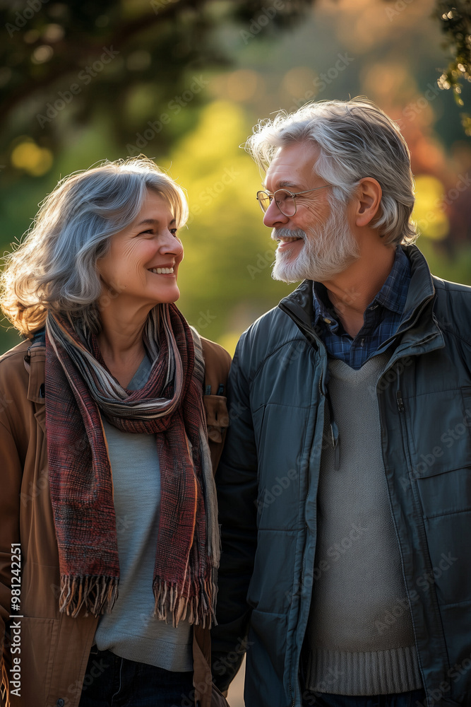 Wall mural a 50 year old couple in love walking in the park Generative AI