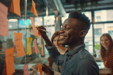 Creative brainstorming session with diverse group of people collaborating joyfully