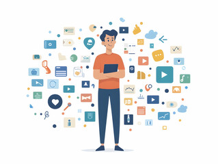 Flat Politician Avatar in Social Media Landscape: Medium Shot of Digital Representation within Engagement Metrics & Icons | Bokeh Effect Illustrating a Vast Digital Universe - Simple Flat Vector Illus