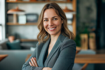 smiling confident woman in a suit in the office