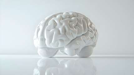 3D Glossy White Brain Outline Concept: Reflective Surface Wide Shot for Mental Health Awareness � Iconic Design on Isolated White Background