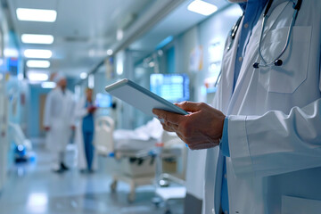 Healthcare professional using tablet in hospital setting, explaining patient information