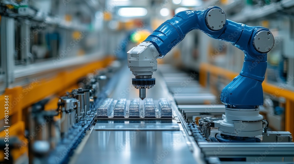 Poster robotic arm with vacuum gripper handling objects on an assembly line in a modern factory