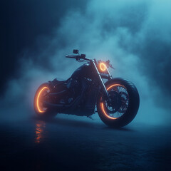 Fototapeta premium A motorcycle with neon lights on it is shown in a wet, rainy environment. 