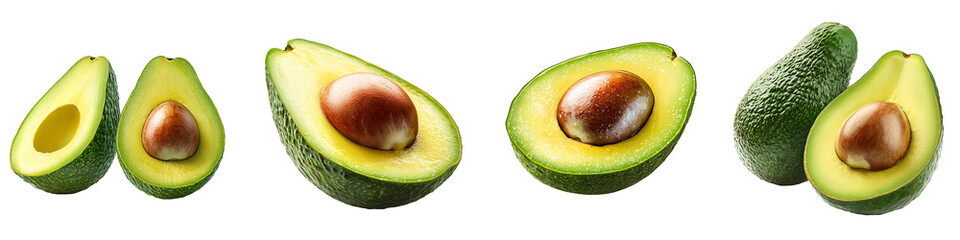 A realistic avocado sliced in half fresh fruit smooth green flesh isolated on white and transparent background