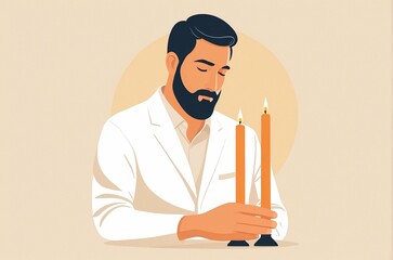 Ceremony of the lighting of the Ner Chaim candle by the husband on pastel beige background. Candle of Life. Yom Kippur, The Day of Atonement. Minimalistic design for poster with copy space. 