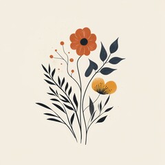 Abstract Floral Illustration with Orange and Yellow Flowers and Black Leaves on Beige Back