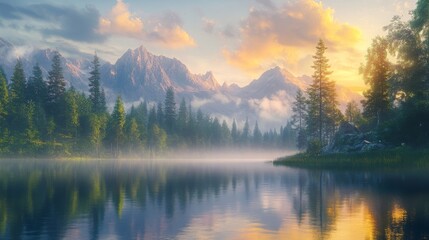 Obraz premium Misty Sunrise Over a Mountain Lake with a Forest and Reflections