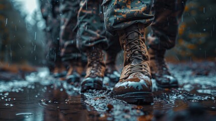 Closeup of soldiers' boots walking through a muddy forest path during a rainstorm.