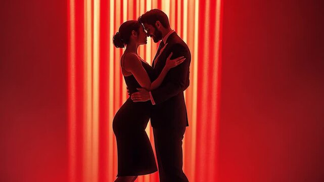 A strip of light on a red background highlights a creative portrait of a couple dancing the tango.