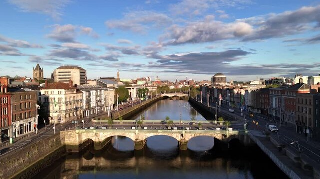 Drone view of Liffey River in Dublin city center, capital of Ireland