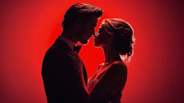A strip of light on a red background highlights a creative portrait of a couple dancing the tango.