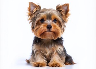 Small, fluffy, and adorable Yorkshire terrier dog sitting alone on a smooth, white background, showcasing its big brown eyes and sweet innocent expression.