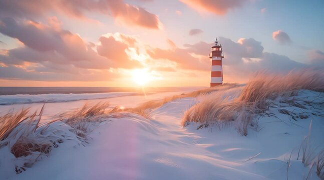 Lighthouse stands tall as the sun sets, casting warm hues over the snowy beach and the windswept grasses and dunes. Lighthouse like on Sylt, in winter at sunrise.
