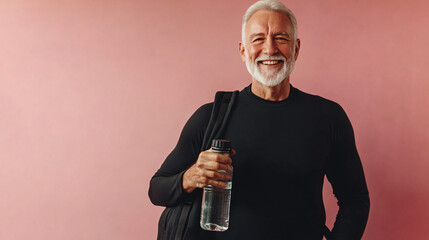 Happy and content mature man with a water bottle after a successful training session