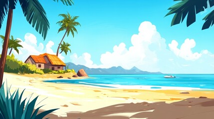 Obraz premium Tropical beach scene with a small house and palm trees.