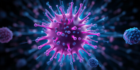 Fototapeta premium Microscopic Battle: A vivid, artistic rendition of a virus, its intricate structure illuminated against a dark backdrop, as surrounding cells prepare to fight back, symbolizing the resilience of the h