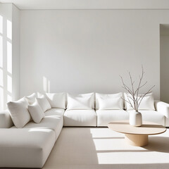 modern minimalist living room with clean and elegant design, large white sectional sofa opposite plain white wall, round coffee table with vase 