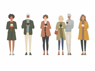 Fototapeta premium Flat Vector Illustration of Diverse Voters Using Devices to Research Candidates and Issues: Highlighting Informed Decision-Making and Digital Engagement