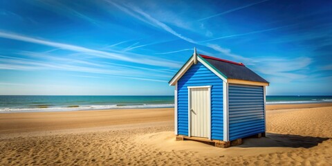 Beach hut on a sandy beach with clear blue skies , beach, hut, sand, vacation, summer, seaside, relaxing, coastal, ocean