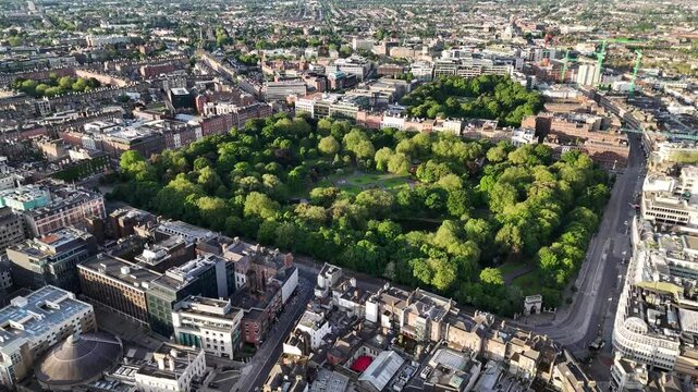 Drone shot of St Stephen's Green, garden square and public park, Dublin, Ireland