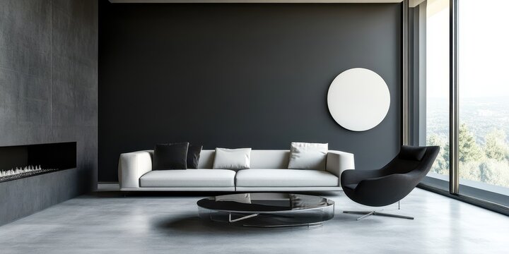 Interior Modern Luxury Living Room with Black Feature Wall, Charcoal Sofa, and Glass Coffee Table