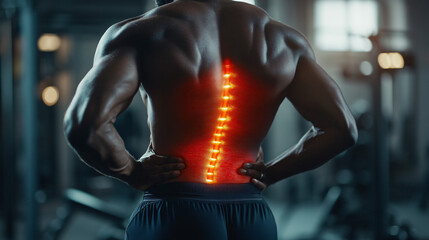 Bodybuilder grimaces in pain, holding his lower back after lifting heavy weights