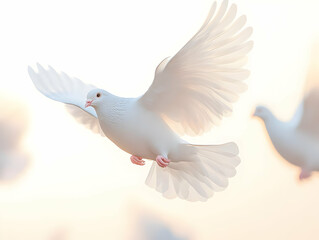 Obraz premium Flat Blurred White Doves in Flight Concept: Illustrating Freedom from Mental Burdens Against a Soft Sky - Janeiro Branco Design