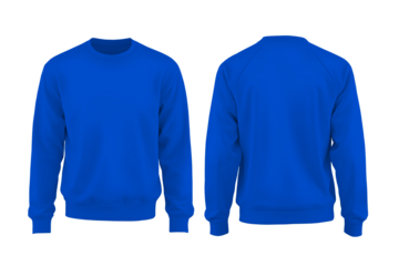 Set of blue sweatshirt, tee, and long sleeve sweater in front and back view on a transparent background, cutout PNG file. Mockup template for graphic design and artwork.