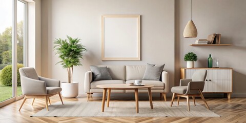 Fototapeta premium Light and cozy living room interior with armchair, dining table, and mockup frame, living room