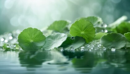 A group of green leaves floating on a body of water