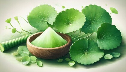 A bowl of green powder is on a table next to a bunch of green leaves