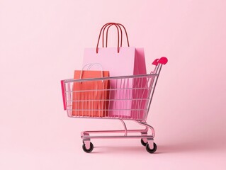 A stylish pink shopping cart filled with vibrant gift bags, set against a soft pink background, creating a cheerful, festive shopping atmosphere.