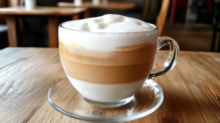 A beautifully layered latte in a transparent glass, showcasing rich coffee, creamy milk, and frothy foam on a wooden table.