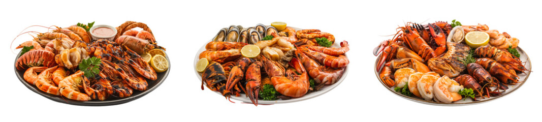 Set of grilled seafood dish isolated on transparent background or white background, BBQ dish Cutout PNG