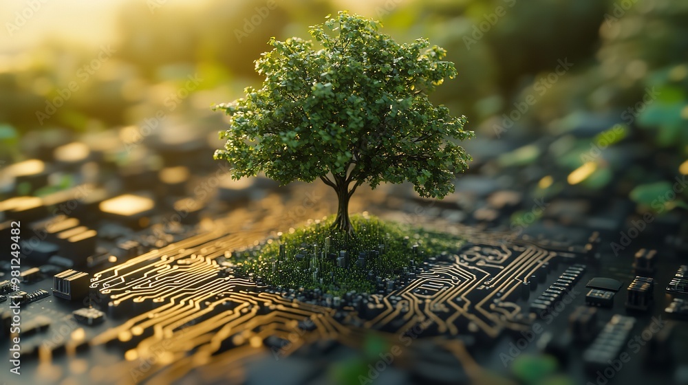 Poster a tree standing tall on top of a circuit board. perfect for illustrating the connection between natu