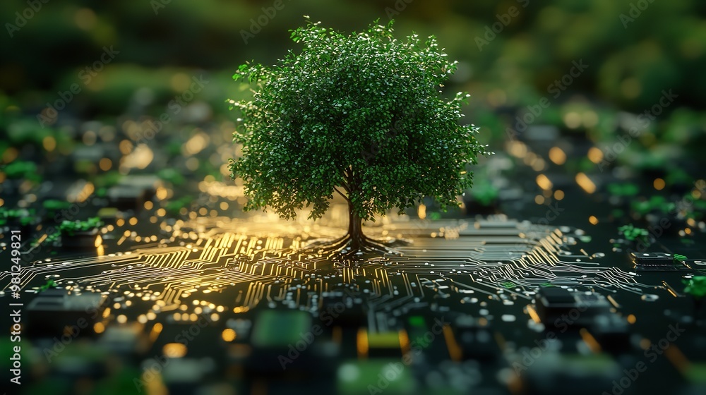 Poster a tree standing tall on top of a circuit board. perfect for illustrating the connection between natu