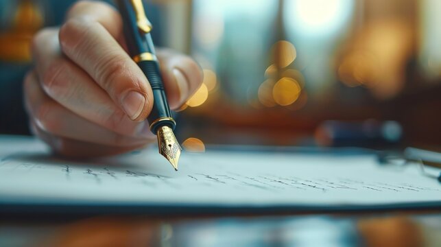 Close up of a hand signing a document with a fountain pen.