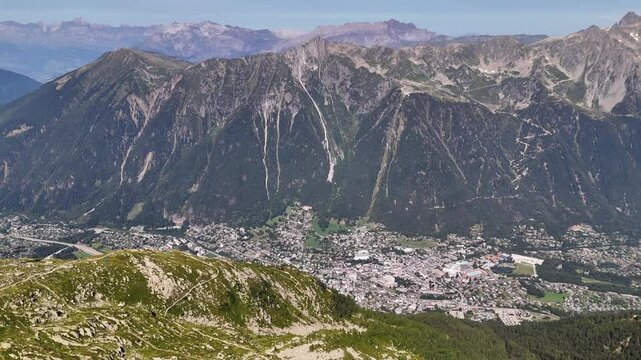 Aerial view of Chamonix town and Le Brevent mountain in French Alps, Europe