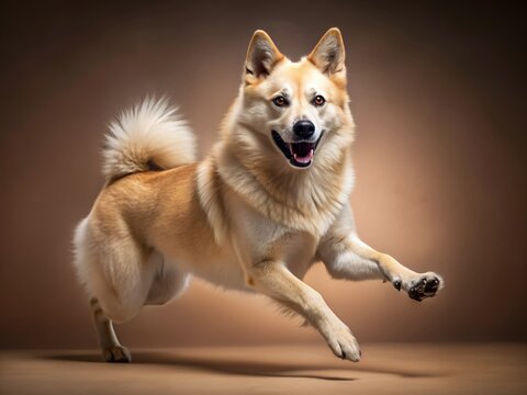 Vibrant Norwegian Buhund dog runs freely, showcasing agility, speed, and agility, surrounded by neutral studio background, highlighting its energetic and youthful spirit in motion.