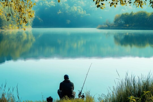 Man fishing alone at peaceful lake