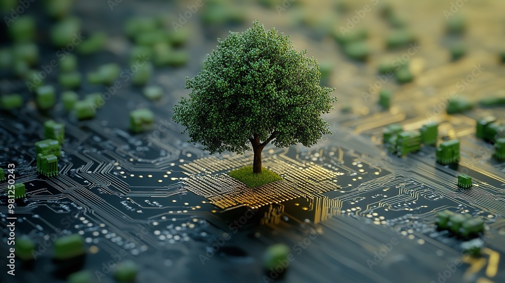 Poster a tree standing tall on top of a circuit board. perfect for illustrating the connection between natu